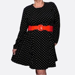 Black Polka Dot Fit & Flare Dress Long Sleeve Plus Size 1X XL Cocktail Party